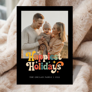 Retro Colorful Happiest Holidays Family Photo Holiday Card
