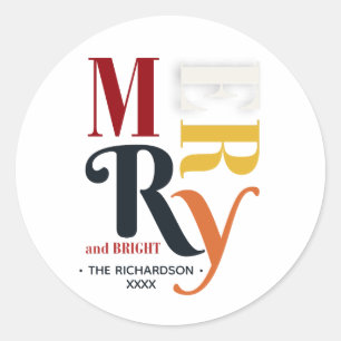 Retro Colorful Merry & Bright Vintage Christmas Classic Round Sticker