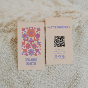 Retro Colorful QR Code Groovy Floral Funky Boho Business Card