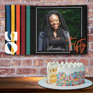 Retro Colorful Striped Fifty Birthday Party Photo Banner
