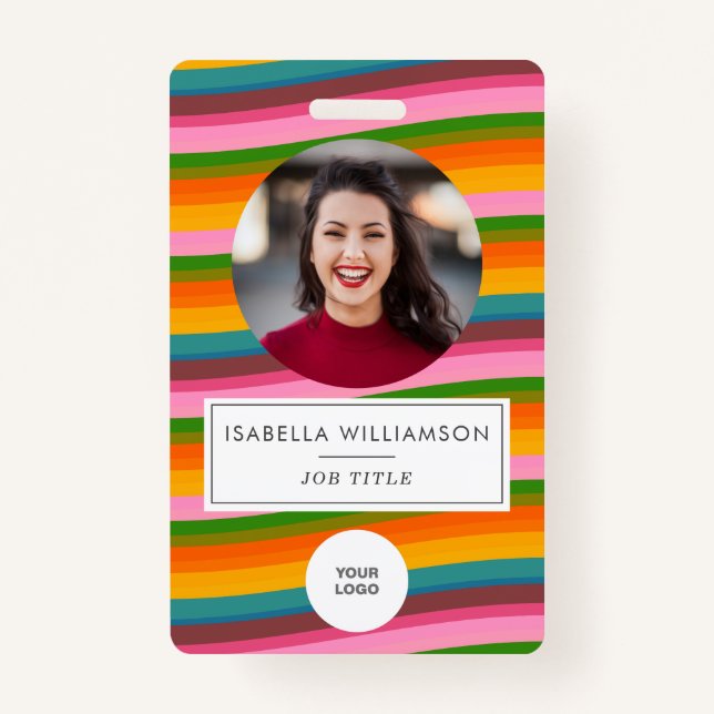 Retro Colorful Wavy Stripes Cute Employee Photo ID Badge (Front)