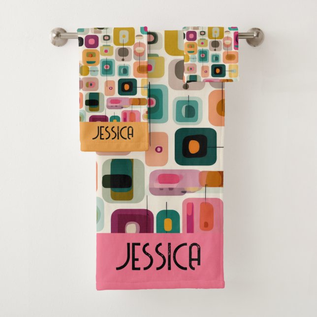 RETRO Colour Blocks Mid Century Geometric Name Bath Towel Set (Insitu)