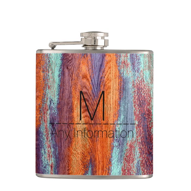 Retro Colour Wood Grain Texture Monogram Hip Flask (Front)