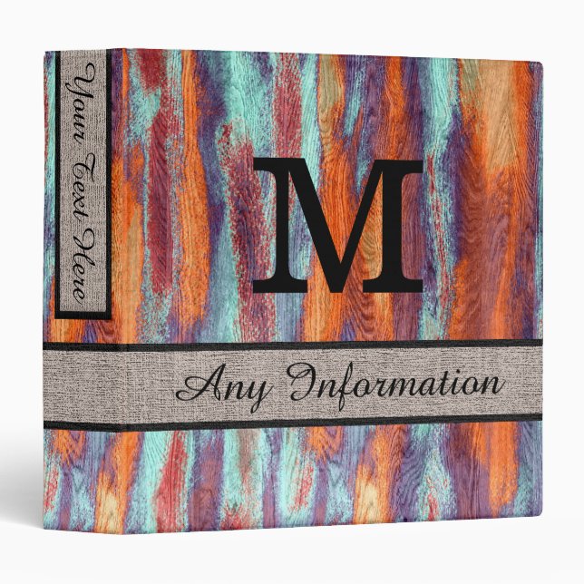 Retro Colour Wood Monogram Modern Burlap #2 Binder (Front/Spine)