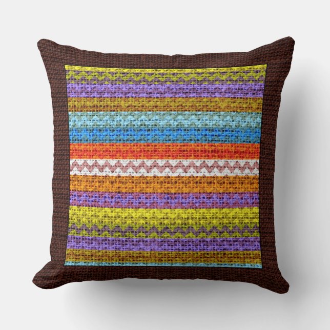 Retro Coloured Chevron Modern Burlap Border Throw Pillow (Front)