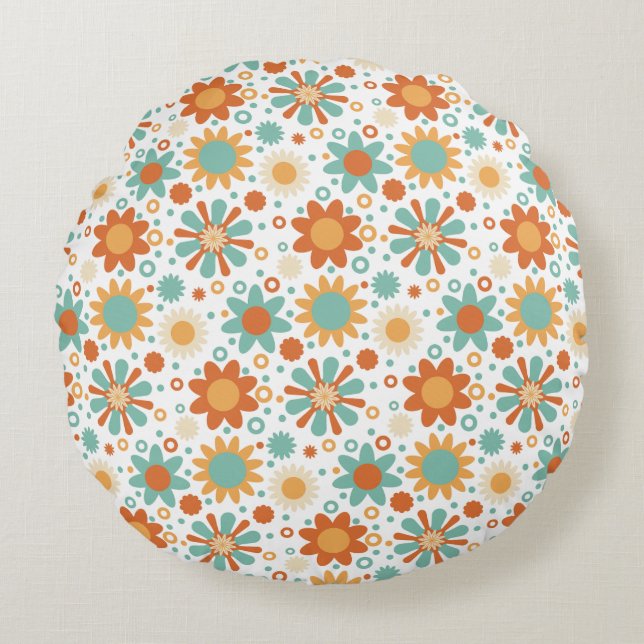 Retro coloured floral abstract pattern round pillow (Front)
