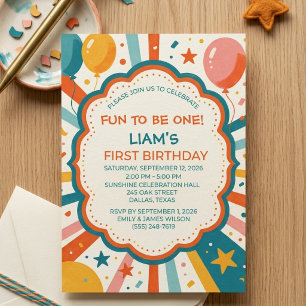 Retro Colourful 1st Birthday Fun to Be One Boy Gir Invitation