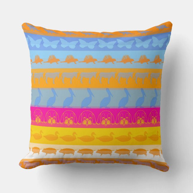 Retro Colourful Animals Pattern #3 Throw Pillow (Front)