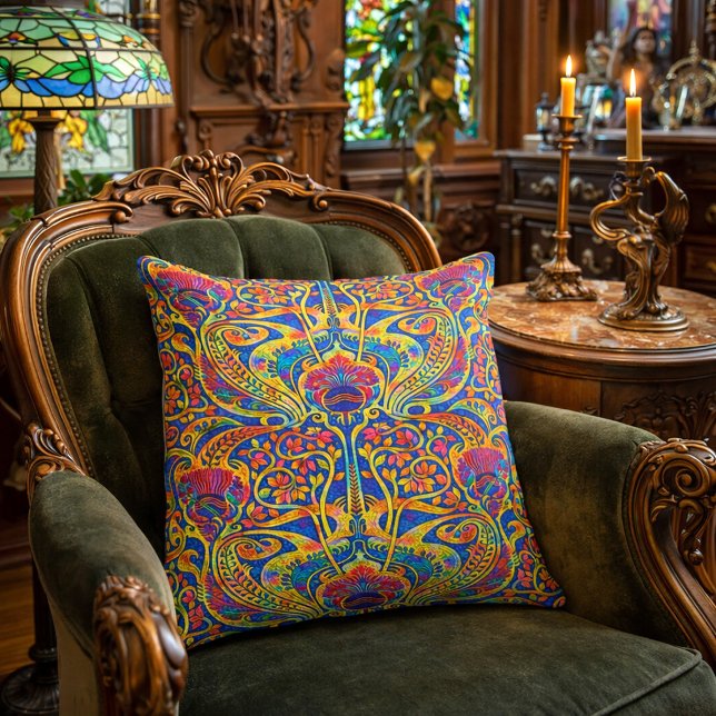 Retro Colourful Art Nouveau Pattern Throw Pillow (Creator Uploaded)
