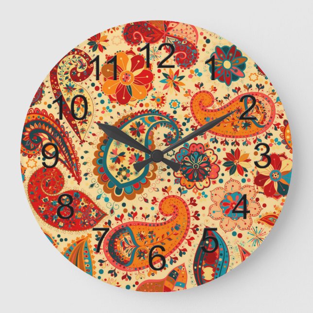 Retro Colourful Beautiful Boho Bohemian Paisley Large Clock (Front)