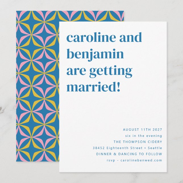 Retro Colourful Blue Geometric Modern Wedding RSVP Invitation (Front/Back)