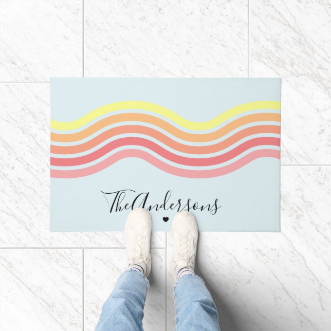 Retro Colourful Blue Groovy Lines Beach Sunrise Doormat (Indoor)