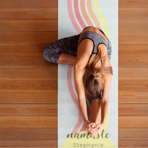 Retro Colourful Blue Groovy Lines Beach Sunrise Yoga Mat