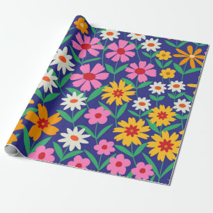 Retro Colourful Boho Flowers on Navy Blue  Wrapping Paper