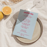 Retro Colourful Bright Funky Modern Trendy Wedding Menu<br><div class="desc">A colourful retro funky modern bright  wedding dinner menu. Which features chic template design of boho vintage sky blue background and red magenta typography and hand written menu in red. Perfect and matching with the whole suite.</div>