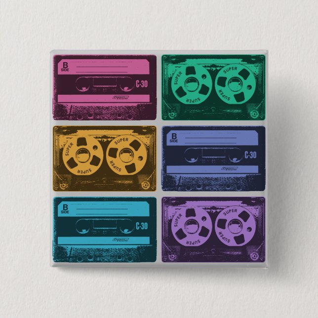 Retro Colourful Cassette Tapes 2 Inch Square Button (Front)