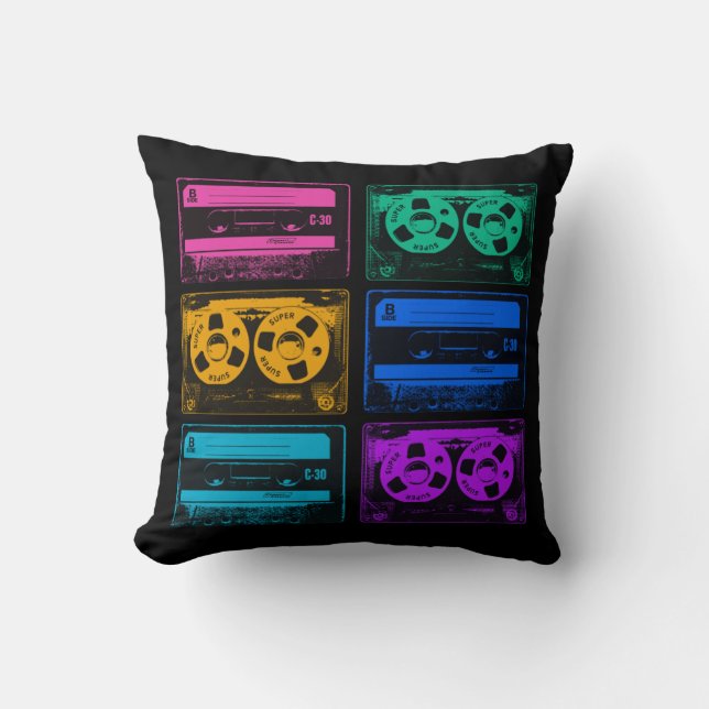 Retro Colourful Cassette Tapes Throw Pillow (Front)