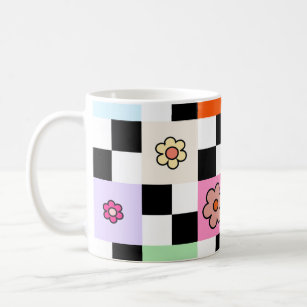 Retro Colourful Chequered Daisies Flower Check Coffee Mug