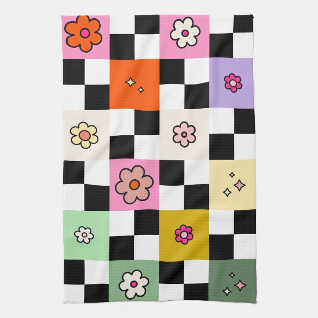 Retro Colourful Chequered Daisies Flower Check Kitchen Towel (Vertical)