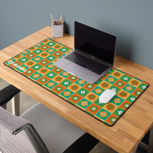 Retro Colourful Chequered Groovy Flower Script Nam Desk Mat (Office 2)
