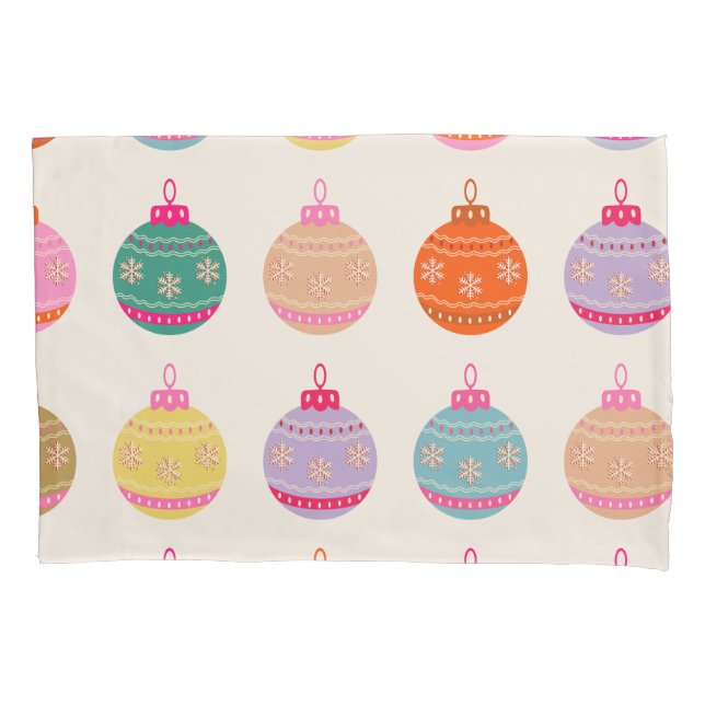 Retro Colourful Christmas Baubles Pillowcase (Front)