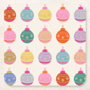 Retro Colourful Christmas Baubles Square Paper Coaster