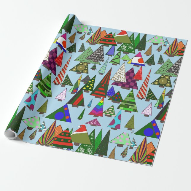 Retro colourful Christmas Trees Wrapping Paper (Unrolled)