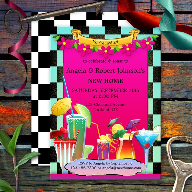 Retro Colourful Cocktail Party Housewarming Invitation (Housewarming party invitation showing a colorful retro design with festive drinks and cocktail glass)
