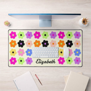 Retro Colourful Daisies Minimalist Floral Name Desk Mat