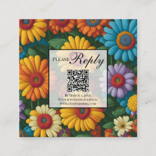 Retro colourful daisies vintage flowers QR code Enclosure Card