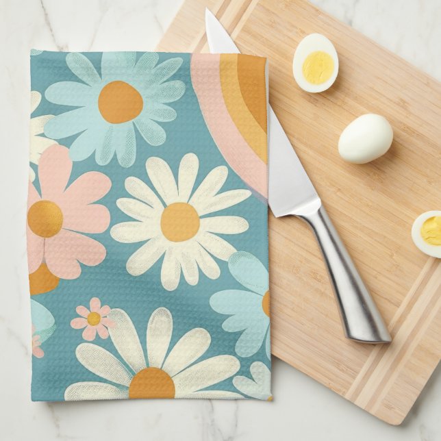 Retro Colourful Daisy's And Rainbows  Kitchen Towel (Quarter Fold)