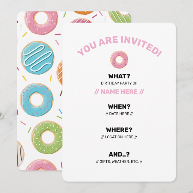 Retro Colourful Doughnuts Pattern Minimalist Fun P Invitation (Front/Back)