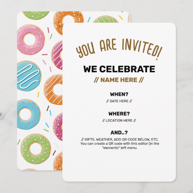 Retro Colourful Doughnuts Pattern Minimalist Fun P Invitation (Front/Back)