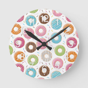 Retro Colourful Doughnuts Pattern Minimalist Fun P Round Clock