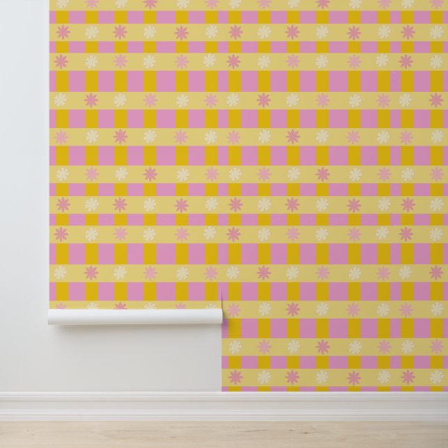 Retro Colourful Floral Chequerboard Pattern Wallpaper (Application)