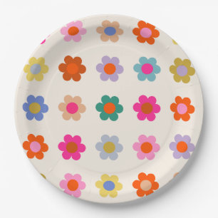 Retro Colourful Floral Preppy Abstract Flowers Paper Plate