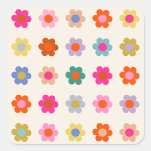 Retro Colourful Floral Preppy Abstract Flowers Square Sticker