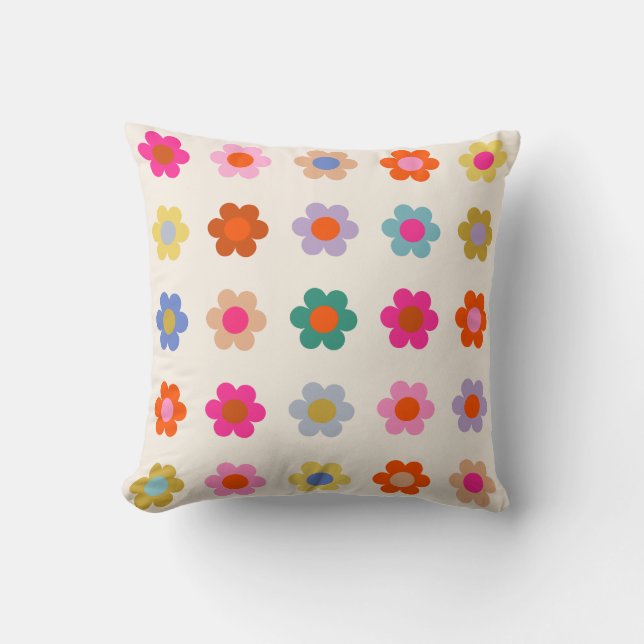 Retro Colourful Floral Preppy Abstract Flowers Throw Pillow (Front)
