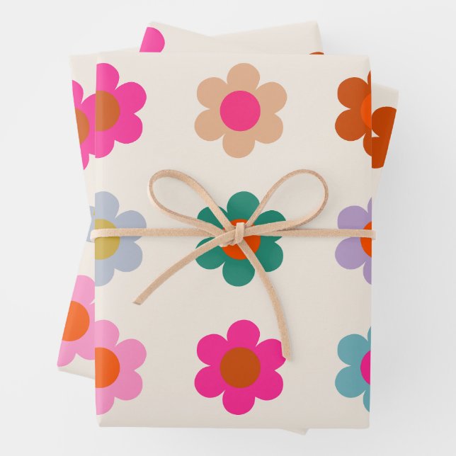 Retro Colourful Floral Preppy Abstract Flowers Wrapping Paper Sheet (In situ)