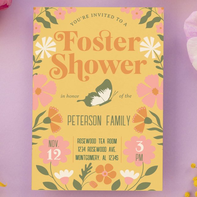 Retro Colourful Flower Garden Foster Care Shower Invitation (Foster Shower Retro 70s garden flower butterfly design cute modern funky foster care shower invite)