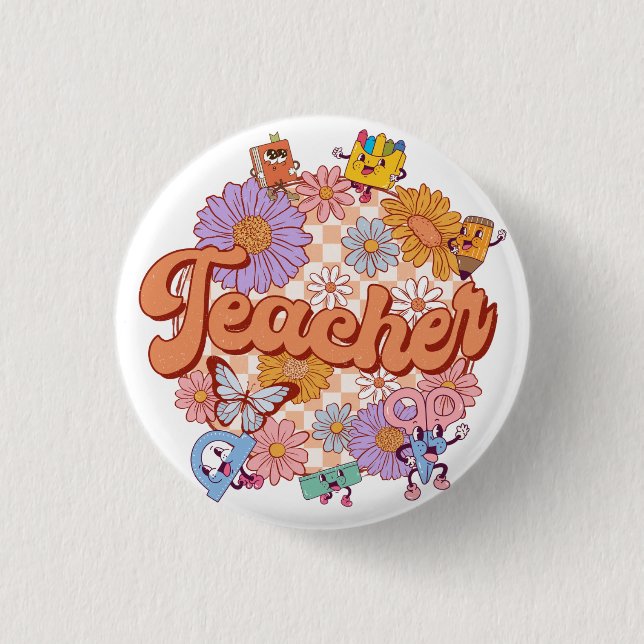  Retro colourful flower teacher button (Front)