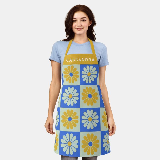 Retro Colourful Flowers Blue Yellow Personalized Apron (Worn)
