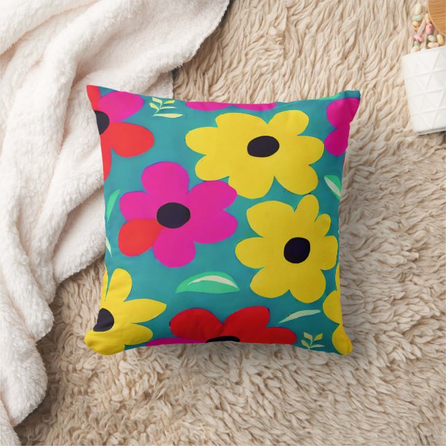Retro Colourful Flowers Nursery Art Throw Pillow (Blanket)