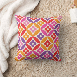 Retro Colourful  Flowers on Mid Century Circles  Throw Pillow