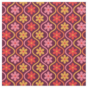 Retro Colourful Flowers on Vintage Ogee Pattern Fabric