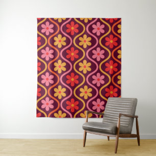 Retro Colourful Flowers on Vintage Ogee Pattern  Tapestry