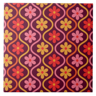 Retro Colourful Flowers on Vintage Ogee Pattern  Tile