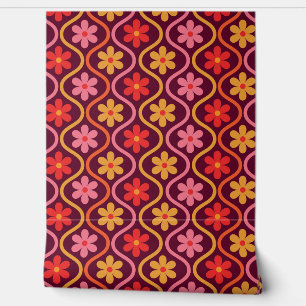 Retro Colourful Flowers on Vintage Ogee Pattern Wallpaper