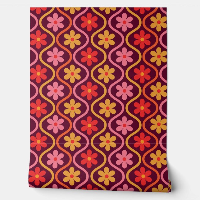 Retro Colourful Flowers on Vintage Ogee Pattern Wallpaper (Unrolling)
