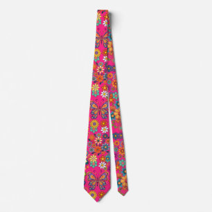 Retro colourful flowers pattern. B Pink BG Tie
